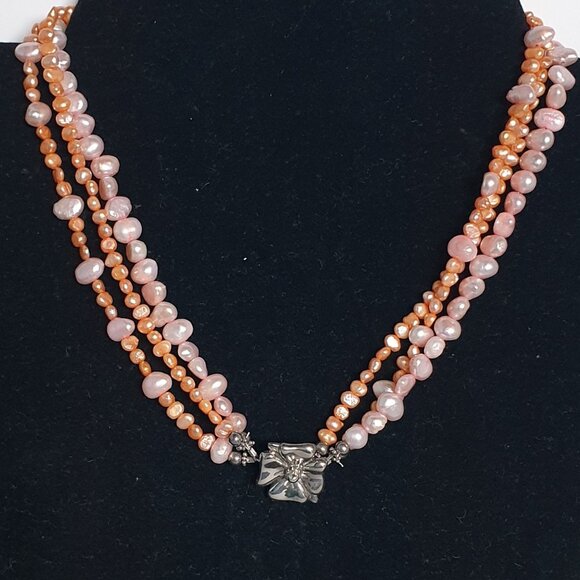 Vintage Sterling Silver 3-Strand Pink & Orange Pearl Necklace with Flower Clasp - Picture 3 of 14